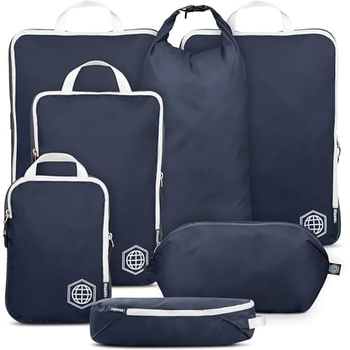 Extra Large Compression Packing Cubes for Travel-Extra Large Packaging Cube Luggage Organizers 7 Piece Set-Ultralight, Expandable/Compression Bags for Clothes (Navy/White))