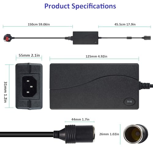 220V to 12V Adapter 6A 72W - UK 3-Pin Plug AC to DC Vehicle Power Converter, Cigarette Lighter Socket for Vehicle Refrigerator, Tire Inflator, Automotive Vacuum & Road Trip/Home Use — view 4