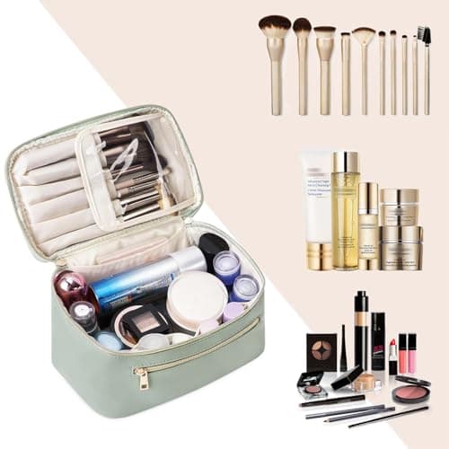 Travel Makeup Bag, Large PU Leather Cosmetic Case with Brush Compartment, Green — view 6