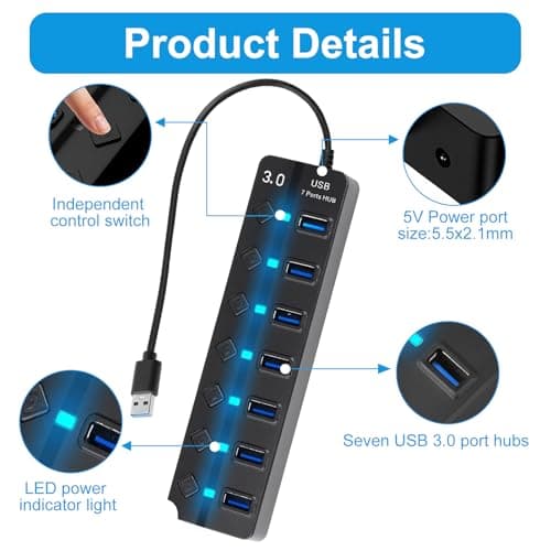 7 Port USB 3.0 Hub USB Extender with Individual Switches and Lights — view 3