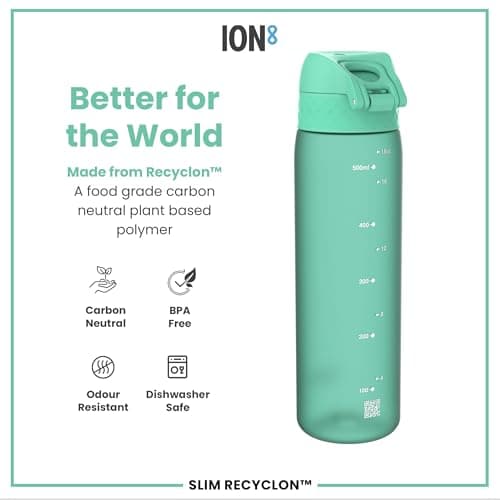 Ion8 Water Bottle, 500 ml/18 oz, Leak Proof, Easy to Open, Secure Lock, Dishwasher Safe, BPA Free, Hygienic Flip Cover, Carry Handle, Fits Cup Holders, Easy Clean, Carbon Neutral, Teal Green — view 5