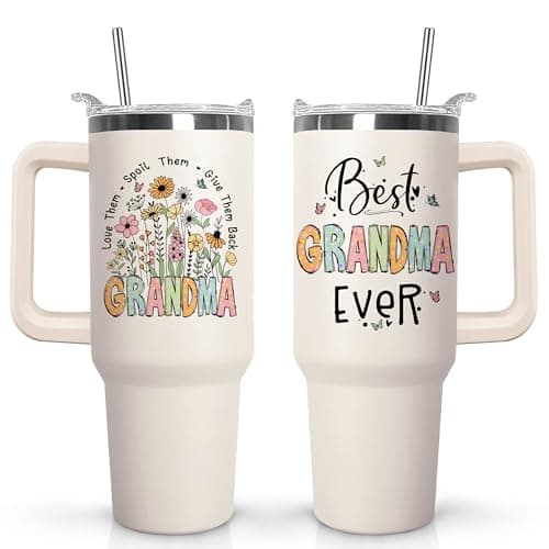 wmvhdiw 30 oz Tumbler with Handle & Straw, Vacuum Insulated Stainless Steel Water Bottle, Best Grandma Ever Floral Travel Mug, Mothers Day Gifts from Daughter Son Kids, Birthday Gifts for Grandma
