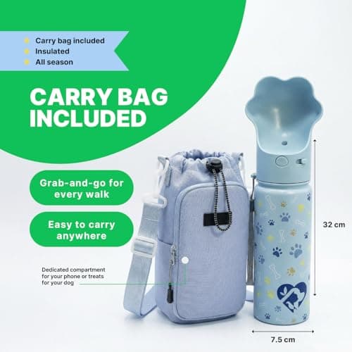 PAWRA Portable Dog Water Bottle 18oz/530ml - Premium Insulated Stainless Steel Travel Pet Bottle with Paw Lid for Daily Walks & Hikes, Leak-Proof & Eco-Friendly, with carry bag — view 2