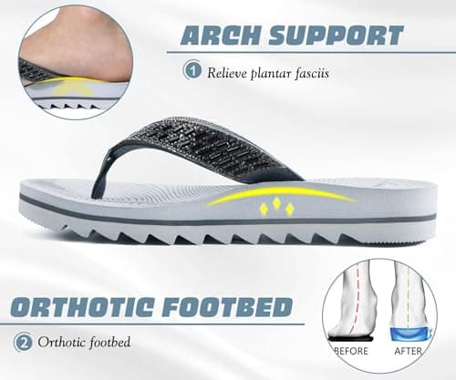 KuaiLu Womens Orthotic Flip Flops with Arch Support Yoga Mat Cushion Fashion Rhinestone Sandals Summer Walking Beach Travel Thong Slides Comfy Plantar Fasciitis Indoor Outdoor Sandles Grey 6 — view 3