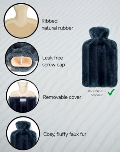 Brevian® 2 Litre Large Hot Water Bottle with Soft Luxury Faux Fur Cover UK (Midnight Blue, Regular) — view 2