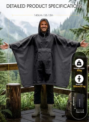 TOMSHOO 3 in 1 Rain Poncho Waterproof Adult (Black) — view 5
