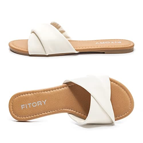 FITORY Women's Sandals Flat Slip On Leather Summer Slide Pure White Size 6 — view 3