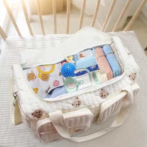 PinDaito Baby Hospital Bag Baby Changing Bag Cotton Large, Hospital Maternity Bag Nappy Bag for Mum, Embroidered Pram Bag with Multiple Pockets, Travel Changing Overnight Tote — view 4