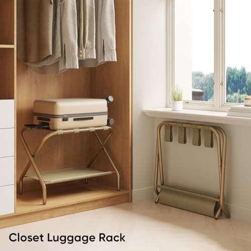 Smart FENDEE Set of 2 Gold Luggage Racks for Guest Room, Folding Suitcase Stand with Fabric Shelf, Steel Portable Luggage Stand Bedroom, Hotel, Easy Assembly, Hold up to 110 lb — view 5