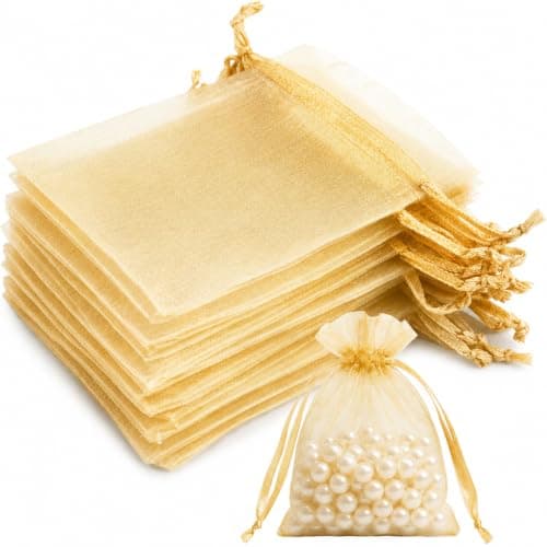 Admygo Gold Organza Bags 50PCS, Small Gift Bags 7x9 cm Clear Mesh Pouches with Drawstring, Mini Favour Bags for Wedding, Christmas, Birthday, Candy, Jewellery, Party Supplies