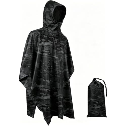 Fousam Rain Poncho, Camo Poncho Multi Use Waterproof Rain Coat, Camo Black, 41"x55"