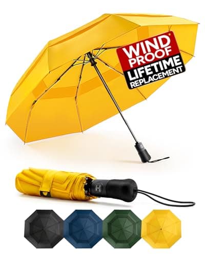 Chakipee Compact Travel Umbrella Windproof Strong- Automatic Folding Umbrellas for Wind and Rain, Double Vented Canopy 210T Fabric 106cm Span - 8 Ribs Portable Umbrella for Men and Women Yellow