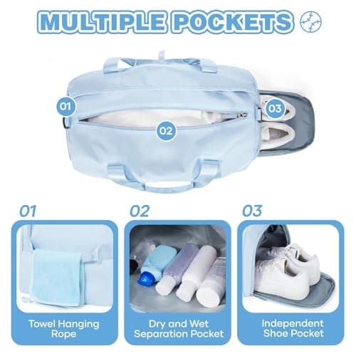 HYC00 Gym Bag Womens Mens Small Sports Duffle Bags with Shoes Compartment & Wet Pocket Weekend Travel Duffel Bag for Women Carry on Overnight Bags Lightweight Holdall Hospital for Yoga,Light Blue — view 3