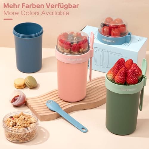Mitsemmo Cereal Cup On The Go,760ml+230ml Breakfast Pots to Go,Yogurt and Granola Pot With Sauce Container,Travel Cereal Bowl and Milk Container for Work,Reusable Overnight Oats Jar with Lid & Spoon — view 6