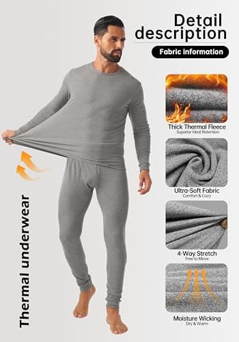 QIXING Men's Long Johns Thermal Underwear Set Fleece Lined Heavyweight Thermal Base Layer for Winter (Gray, L) — view 2