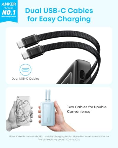 Anker Power Bank, 20,000mAh 45W Portable Charger,Dual Built-in USB-C Cables — view 2