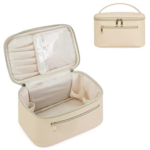 Travel Makeup Bag, Large PU Leather Cosmetic Case with Brush Compartment, Beige