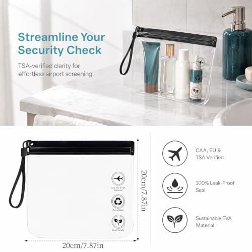 5 Pcs Airport Liquid Bags 20x20cm, Clear Travel Toiletries Bag TSA Approved Security Liquids Bag for Airport, Leakproof Reusable Clear Bags for Travel, Holiday Flight Essentials for Women and Men — view 2