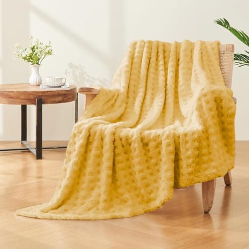 Wajade Fleece Throw Blanket, Fluffy Faux Fur Blanket for Bed Sofa Couch, Soft Warm Thick Blanket,Waffle Yellow-178X203 — view 3