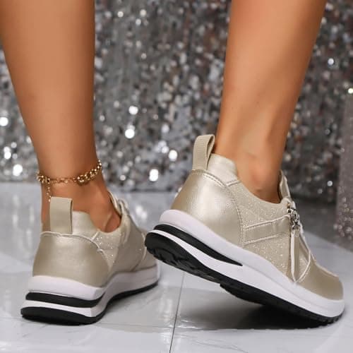 2026 Women's Trainers, Zip, Decoration, Leather, Lace-Up Shoes, Comfortable, Thick-Soled, Casual Shoes, Rose Gold, 6 UK — view 2