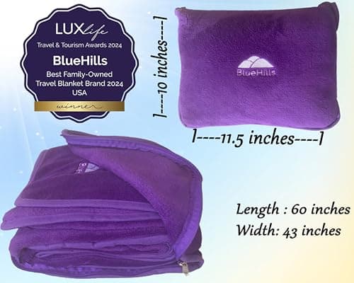 BlueHills Travel Blanket Pillow Premium Soft Plush for Airplane Travel Size Blanket Throw Long Flight Essentials in Compact Bag Plane Portable Lightweight Purple T021 — view 5