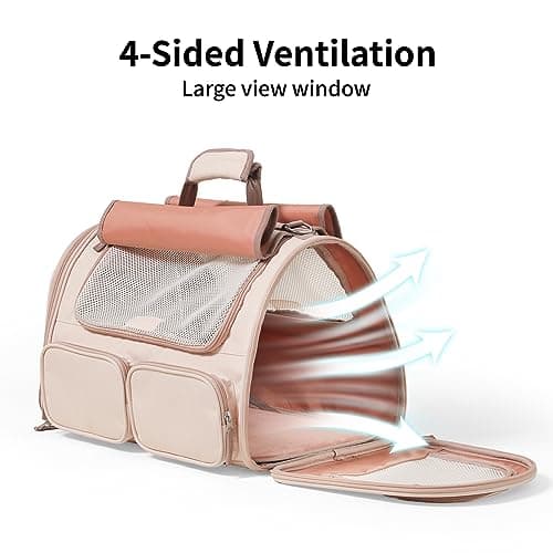 FUKUMARU Cat Carrier, 4 Mesh Windows Small Dog Carrier, 4 Storage Pockets Cat Travel Bag, Under 6.8 Kg Airline Approved Pet Carrier, Rollable Cover for Nervous Cats, Pink — view 3