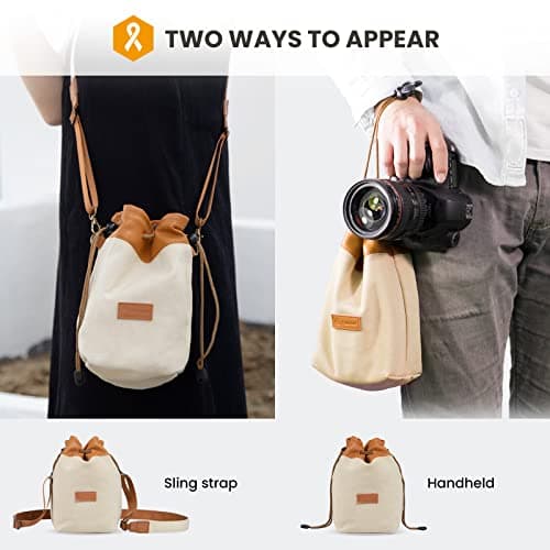 TARION Drawstring Camera Bag with Strap - Small Camera Lens Carrying Bag with Adjustable Shoulder Strap Vintage Canvas Lens Case Camera Protective Pouch Portable Lightweight 21x13x12cm B3 Yellow S — view 2