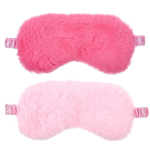 2 Pcs Plush Eye Mask, Soft Sleeping Blindfold Eye Cover Comfortable Satin Back New Faux Fur Nap Eyes Cover Cute Fluffy Furry Sleeping Blindfold for Men Women Plane, Game, Travel Nap (Pink)