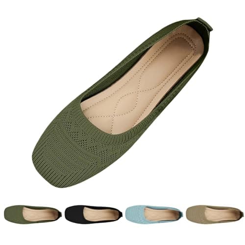 Women's Ballet Flats, Slip On Dressy Knit Flats Lightweight Breathable Round Toe Shoes Wide Toe Box for Women with Arch Support, Comfortable Travel Work Business Office Shoes Size 7 Green