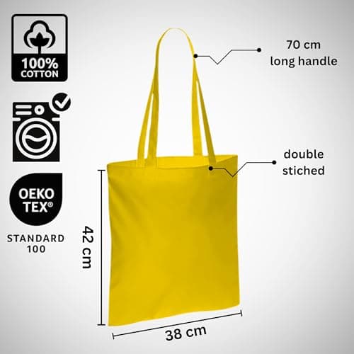 Wonky Line Premium Cotton Tote Bag, Eco-Friendly Shopping Bag, 100% Cotton Canvas, Reusable Grocery Cloth Bag, Extra Strong Long Handle Double Stitched Ideal for Printing (Yellow) — view 6