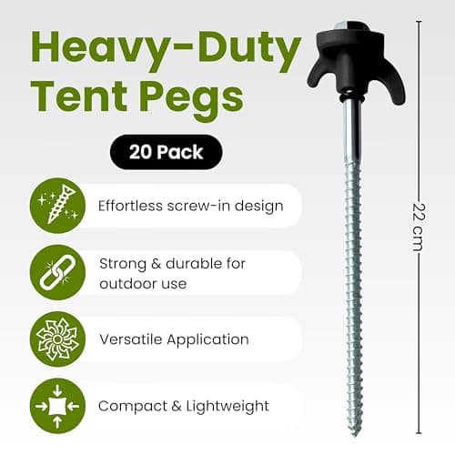 Heavy Duty Tent Pegs - 22cm x 20 Pack Black Hard Ground Tent Pegs with Storage Bag, Carabiner, Rubber Rings, Socket Bit and Mallet - Galvanized Camping Pegs for Outdoor — view 2