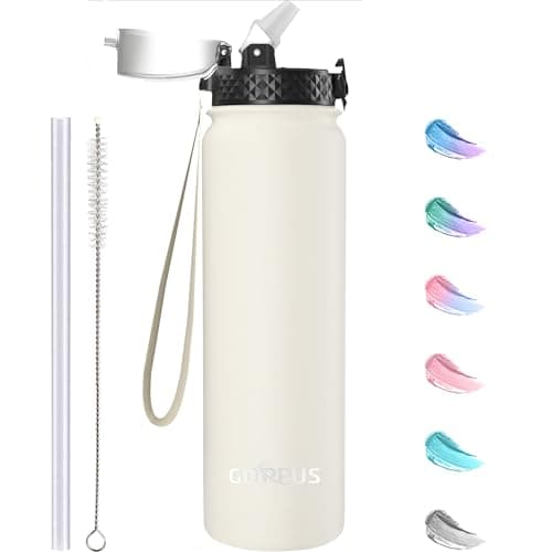 GOPPUS 1L/32oz Stainless Water Bottle with Straw Double Wall Insulated Bottles with Strap Reusable Vacuum Thermal Flask Leakproof Keep Cold Drinks Bottles with Flip Top Lid BPA Free (Beige)