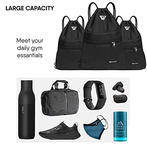 WESTWOOD FOX WFX Drawstring Bag String Waterproof Sport Gym Sack Backpack for Women Men PE Bag Outside Pocket Zipper School Beach Holidays Swimming Travel (Jet Black) — view 2