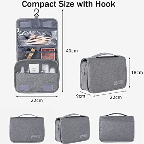 Hanging Travel Toiletry Bag, YYGOJOY Folding Travel Wash Bag, Portable Makeup Cosmetic Organizer, Waterproof Bathrooom Shower Bag with Hook for Men Women Kids (Grey) — view 4