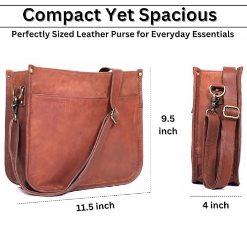 JINALEXIA LEATHER Genuine Leather Crossbody Purse for Women – Rustic Leather Satchel, Medium Size with Zipper Pocket – Cute Everyday Handbag, Medium Brown, Tan — view 5