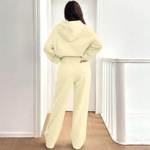 Tracksuit Womens Full Set Oversized 2 Piece Outfits Long Sleeve Hoodie and Sweatpants Women Lounge Wear Sets Fashion Sweatsuits Wide Leg Jogger Loose Loungewear Gym Fitness Activewear Set Beige L — view 3