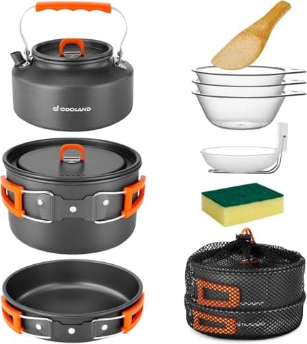 Odoland Camping Cookware Set, 10-Piece Outdoor Tableware with Camping Pot, Frying Pan and Teapot for Outdoor Cooking, Hiking, Traveling