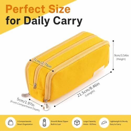 Large Capacity Pencil Case 3 Compartment Pouch Pen Bag for School, Yellow — view 4