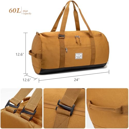 Lyweem Sports Gym Bag Men - 60L Large Travel Duffle Bag with Shoe Compartment, Weekend Holdall Bags, Overnight Duffel Bag Backpack, Brown — view 5