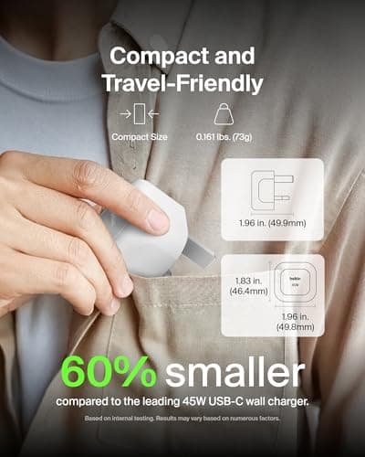 Belkin Compact Wall Charger 45W, USB-C Power Delivery Fast Charging for Apple iPhone 17, iPhone Air, iPhone 16 Serie, Samsung Galaxy S25, Google Pixel, iPad, AirPods & More - White — view 3