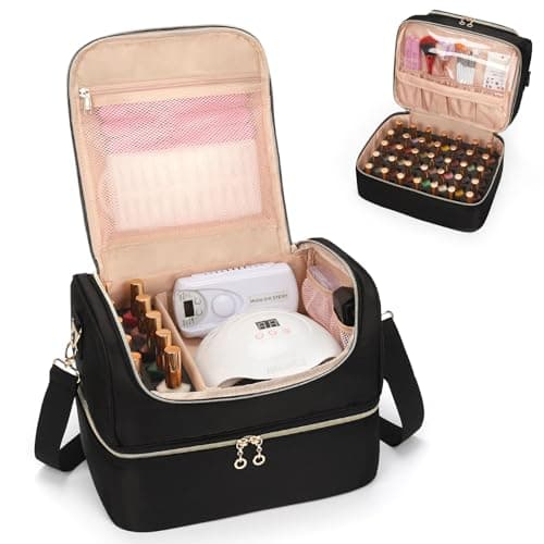 Nail Polish Organiser, Nail Varnish Storage Box Holds 45 Bottles Nail Polish & Nail Lamp, Nail Tech Travel Case, Nail Kit Carrying Bag for Nail Stuff & Manicure Tools (Black, 45 Slots)