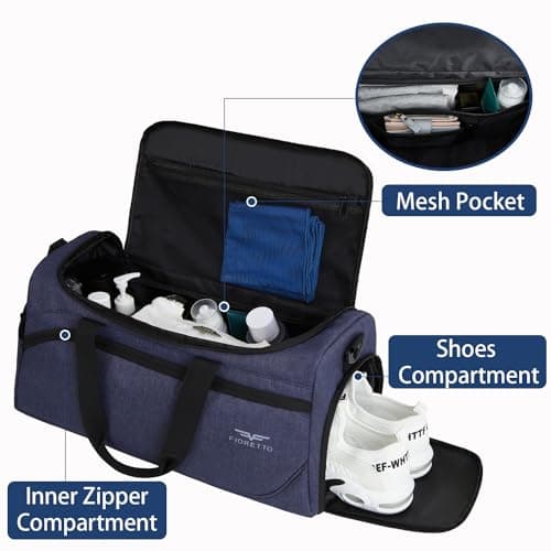 FIORETTO 50L Mens Sports Gym Bag with Wet Pocket & Shoe Compartment,Travel Duffle Bag Overnight Bag with Padded Shoulder Strap, Water-Resistant Sports Holdall for Swimming, Basketball Navy — view 2