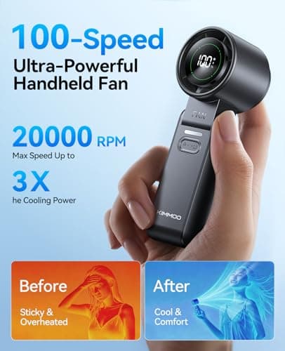 KIMMOO 3-in-1 Portable Handheld Turbo Fan-100 Speeds, 20000 RPM, 12Hrs Cooling, Digital Display, 120° Rotation, USB Rechargeable Mini Hand Held Personal Fan for Travel, Makeup, Outdoor, Indoor (Black) — view 5