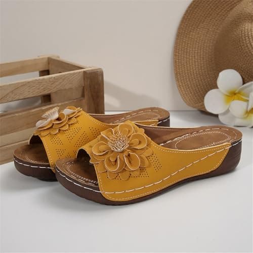 YIzdegg Women's Summer Elegant Arch Support Mules Orthopaedic Summer Sandals Open Cap Sandals Leather Vintage Sandals Summer Shoes Outdoor Leisure Shoes, yellow, 5 UK — view 6