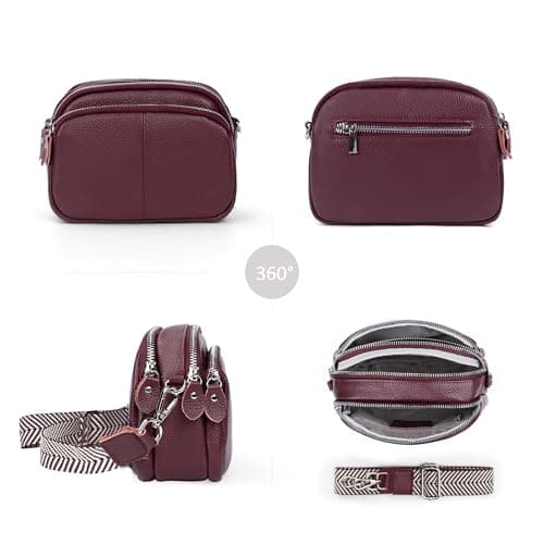 befen Red Genuine Leather Cross Body Bags for Women Small Shoulder Bags Triple Camera Bag for Women Cell Phone Bag with Wide Adjustable Strap — view 5