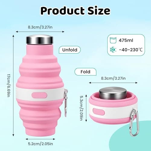 Huiguli 2-Pack Collapsible Water Bottle 475ml, Silicone Foldable Portable Bottle with Stainless Steel Lid, Reusable Leak-Proof for Travel Hiking Camping, Pink+Blue — view 2