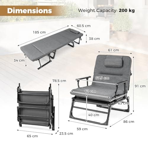 COSTWAY 3 in 1 Folding Camping Cot, Comfy Padded Convertible Single Sofa Chair with 6-Position Adjustable Backrest and Headrest, Heavy Duty Metal Chaise Lounge Sleeper Bed (185 x 60.5 x 38 cm) — view 6