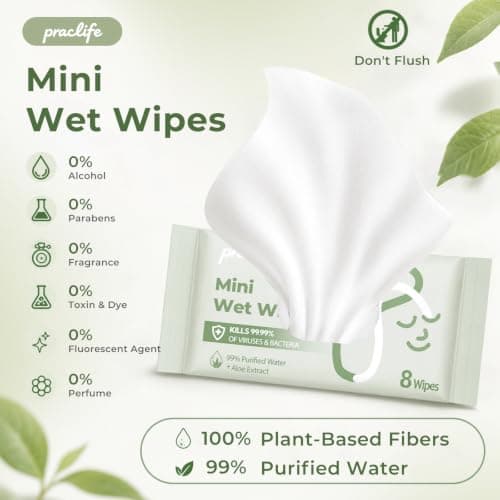 Antibacterial Wet Wipes Travel Essential, 10 Pack Mini Pocket Size Hand Wipes 80pcs, Alcohol Free, Hypoallergenic for Adults & Kids Multipurpose Cleaning — view 2