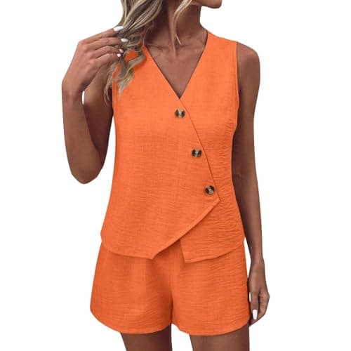 NSICBMNO Orange Lounge Sets For Women Shorts Co Ord Sets Summer 2 Piece Outfits Sleeveless Waistcoat V Neck Vest Tops Wide Leg Shorts Casual Tracksuits Travel Airport Outfits For Office Work Beach