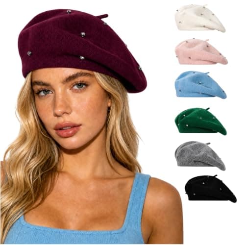 Women Wool Beret with Rhinestones Ladie Solid Color French Style Artist Hat